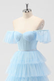 Sky Blue Corset Tiered A Line Bridesmaid Dress with Slit
