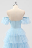 Sky Blue Corset Tiered A Line Bridesmaid Dress with Slit