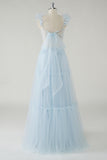 Sky Blue Tulle A-Line Cut Out Bridesmaid Dress with Ruffles