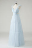 Sky Blue Tulle A-Line Cut Out Bridesmaid Dress with Ruffles