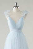 Sky Blue Tulle A-Line Cut Out Bridesmaid Dress with Ruffles