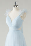 Sky Blue Tulle A-Line Cut Out Bridesmaid Dress with Ruffles
