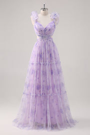 Lavender Cut Out Floral A Line Floor Length Bridesmaid Dress