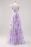 Lavender Flower Pleated A Line Cut Out Long Bridesmaid Dress