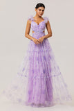 Lavender Cut Out Floral A Line Floor Length Bridesmaid Dress
