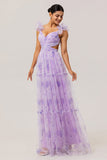 Lavender Flower Pleated A Line Cut Out Long Bridesmaid Dress