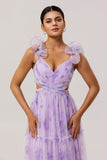 Lavender Flower Pleated A Line Cut Out Long Bridesmaid Dress