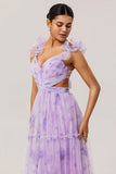 Lavender Flower Pleated A Line Cut Out Long Bridesmaid Dress