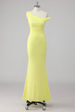 Simple Lemon Mermaid One Shoulder Maxi Evening Dress