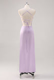 Lilac Spaghetti Straps Sheath Bridesmaid Dress with Criss Cross Back