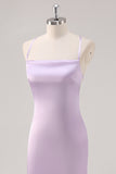 Lilac Spaghetti Straps Sheath Bridesmaid Dress with Criss Cross Back