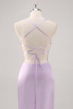 Lilac Spaghetti Straps Sheath Bridesmaid Dress with Criss Cross Back