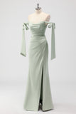 Sage Green Ruched Sheath Satin Bridesmaid Dress with Bows