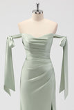 Sage Green Ruched Sheath Satin Bridesmaid Dress with Bows