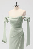 Sage Green Ruched Sheath Satin Bridesmaid Dress with Bows