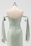 Sage Green Ruched Sheath Satin Bridesmaid Dress with Bows