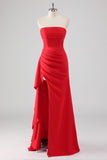Red Strapless Sheath Ruffled Maxi Formal Dress with Slit