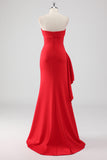 Red Strapless Sheath Ruffled Maxi Formal Dress with Slit