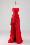 Red Strapless Sheath Ruffled Maxi Formal Dress with Slit