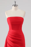 Red Strapless Sheath Ruffled Maxi Formal Dress with Slit