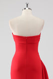 Red Strapless Sheath Ruffled Maxi Formal Dress with Slit