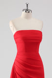 Red Strapless Sheath Ruffled Maxi Formal Dress with Slit