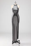 Glitter Silver Grey Halter Sheath Formal Dress with Slit