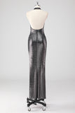 Glitter Silver Grey Halter Sheath Formal Dress with Slit