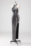 Glitter Silver Grey Halter Sheath Formal Dress with Slit