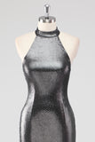 Glitter Silver Grey Halter Sheath Formal Dress with Slit