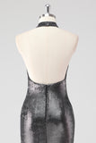 Glitter Silver Grey Halter Sheath Formal Dress with Slit
