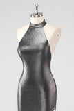 Glitter Silver Grey Halter Sheath Formal Dress with Slit