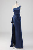 Navy One Shoulder Sheath Ruched Formal Dress with Slit