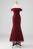 Mermaid Off the Shoulder Burgundy Lace Applique Formal Dress