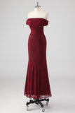 Mermaid Off the Shoulder Burgundy Lace Applique Formal Dress