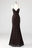 Black Corset Mermaid Halter Lace Applique Formal Dress