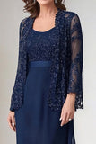 Navy Sheath Chiffon Mother of the Bride Dress with Glitter Jacket