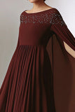 Boat Neck Burgundy Chiffon Pleated Mother of the Bride Dress with Cape