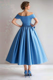 Blue Satin A-Line Off the Shoulder Mother of the Bride Dress with Bow