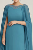 Blue Chiffon Sheath Mother of the Bride Dress with Cape