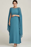 Blue Chiffon Sheath Mother of the Bride Dress with Cape
