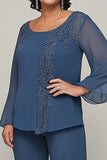 Dark Blue Applique Chiffon Loose Mother of the Bride Jumpsuit