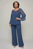 Dark Blue Applique Chiffon Loose Mother of the Bride Jumpsuit