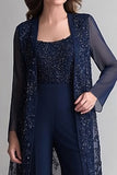 Navy Chiffon Mother of the Bride Jumpsuit with Midi Sequined Jacket