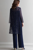 Navy Chiffon Mother of the Bride Jumpsuit with Midi Sequined Jacket