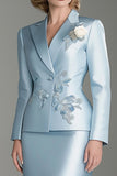 Satin Blue 2 Pieces Midi Mother of the Bride Dress Suit with Embroidery