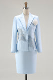 Satin Blue Midi 2 Piece Mother of the Bride Dress Suit with Embroidery