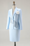 Satin Blue Midi 2 Piece Mother of the Bride Dress Suit with Embroidery