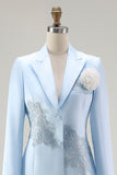 Satin Blue Midi 2 Piece Mother of the Bride Dress Suit with Embroidery