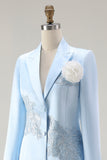 Satin Blue Midi 2 Piece Mother of the Bride Dress Suit with Embroidery